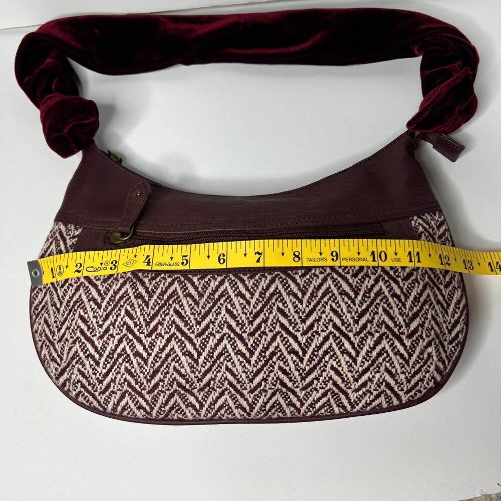 Oggi Hobo Shoulder Bag Purse Velvet Strap Burgandy Chevron Tweed 70s Boho Indie - Picture 5 of 7